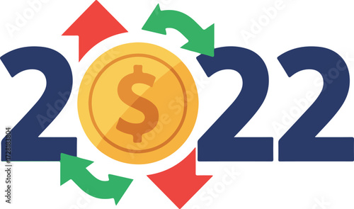 Financial growth in 2022 with dollar coin and arrows.