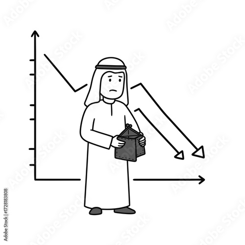 An Arab man in traditional attire looking concerned, holding a box, with a declining graph.
