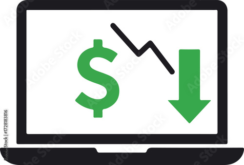 Financial market decline shown on a laptop screen with dollar sign.