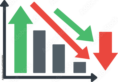 Financial performance analysis showing upward and downward trends with charts and arrows.
