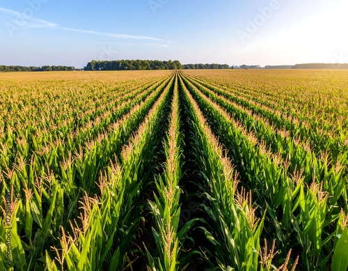 Cornfield rows stretching to the horizon under a clear blue sky