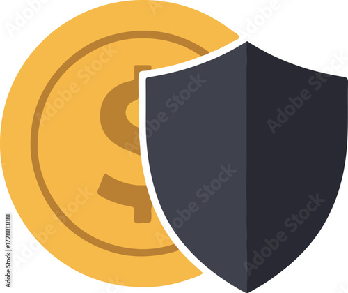 Financial security concept with gold coin and shield representing protection.