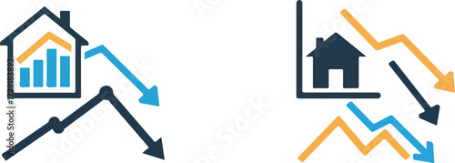 Real estate market decline visualized with graphs and house icons.