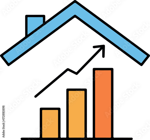 Real estate market growth analysis with house icon and upward trend.