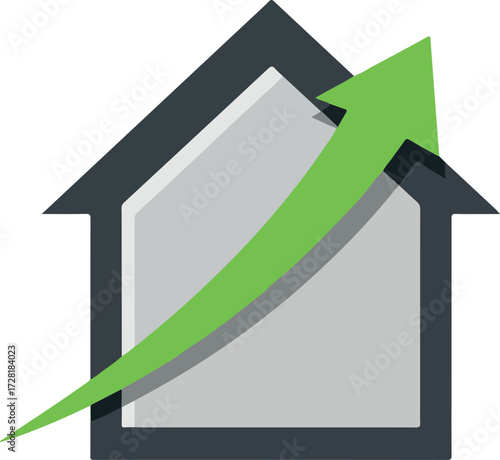 Real estate market growth represented by house and rising arrow 1.
