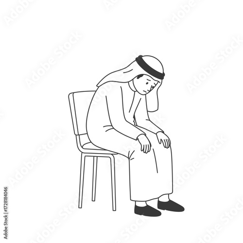 An Arab man sits dejectedly on a chair, head bowed, expressing sadness or contemplation in a minimalist line drawing.