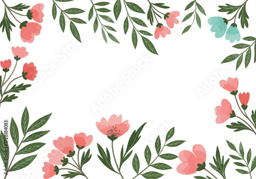 Floral arrangement with pink flowers and green leaves on white background.