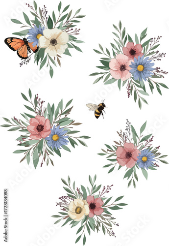 Floral arrangement with butterfly and bee beautiful watercolor flowers.