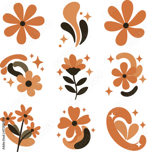 Floral design elements in warm tones for decorative purposes and art.