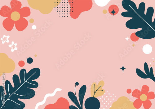 Floral design with leaves and flowers on a pink background.