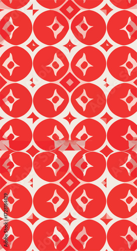 Red circles with white diamond shapes create a repeating pattern design.