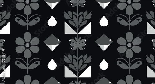 Floral pattern design with flowers and geometric shapes on dark background.