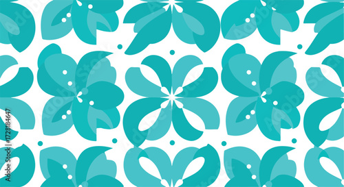 Floral pattern design with teal flowers on a white background.