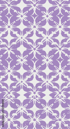 Floral pattern design with symmetrical shapes and repeating elements in purple and white.
