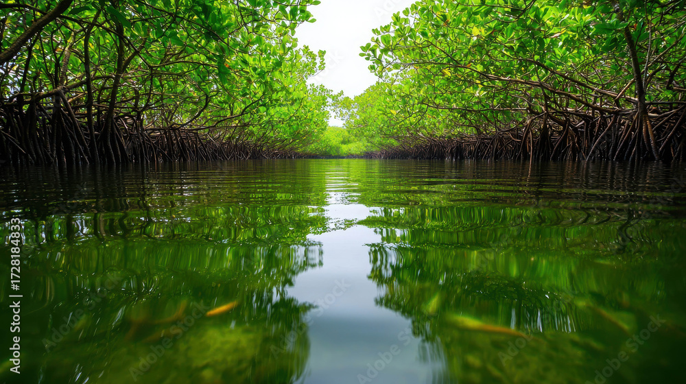 Fototapeta premium Serene View of Lush Mangrove Forest with Reflection in Calm Water, Creating a Peaceful and Tranquil Natural Environment for Wildlife and Ecosystem