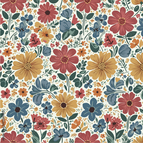 Floral pattern with colorful flowers and leaves on white background 1.