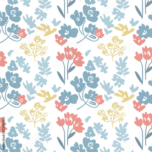 Floral pattern with colorful flowers and leaves on white background.