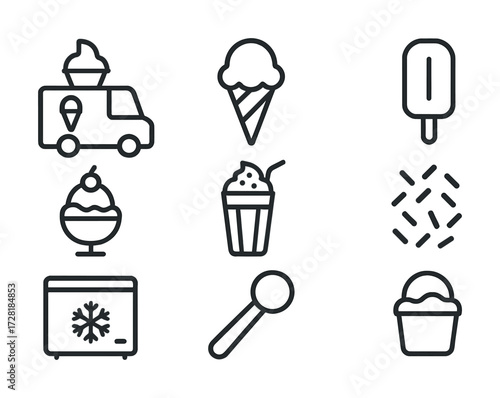 Ice cream icons set featuring truck, cone, popsicle, sundae, and scoop