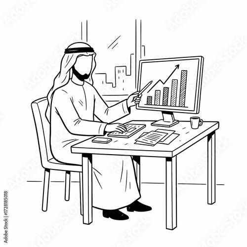 An Arab man in traditional clothing sits at a desk, pointing at a graph on a computer screen showing upward trends.