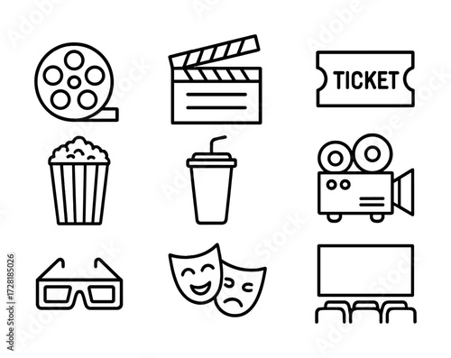 Cinema icons: film reel, clapperboard, ticket, popcorn, drink, projector, glasses, masks, screen