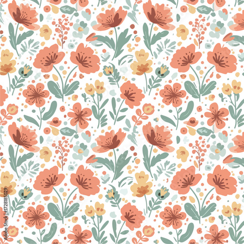 Floral pattern with orange flowers and green leaves on white background.
