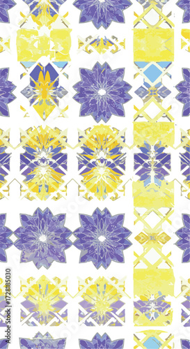 Floral pattern with repeating shapes and vibrant colors creating a decorative design.