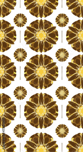 Floral pattern with repeating brown and yellow flower shapes on white background.