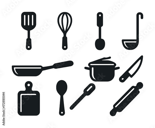 Collection of black kitchen tool icons featuring utensils and cookware