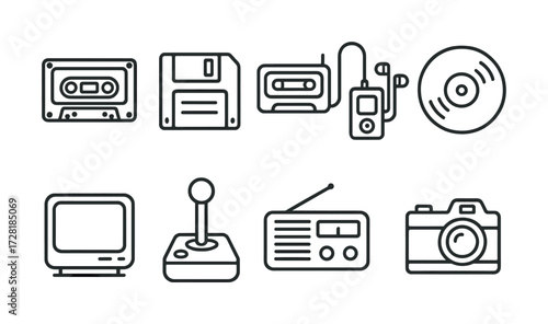 Retro technology icons: cassette, floppy, mp3, cd, tv, joystick, radio, camera