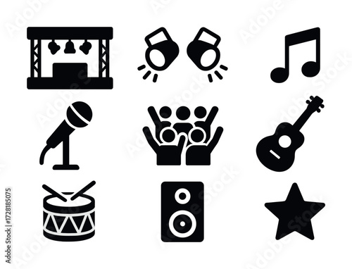 Music and entertainment icons: stage, instruments, and audience silhouettes