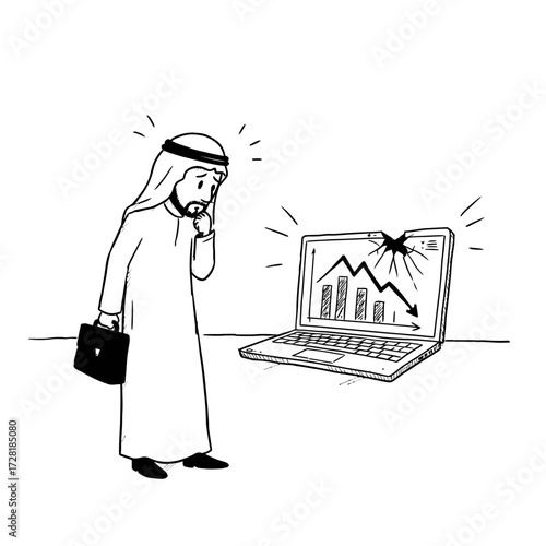 Businessman in traditional attire shocked by declining graph on laptop screen.