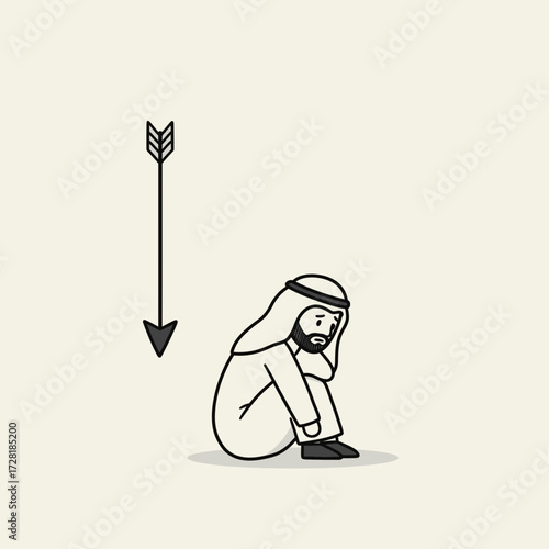 Depressed Arab man sitting on the ground with an arrow pointing down towards him, symbolizing failure.