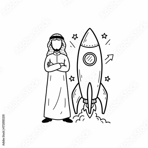 A woman wearing a face mask stands beside a rocket ship.