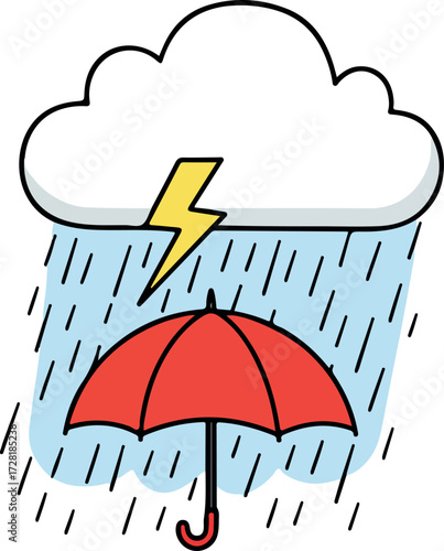 Red umbrella protects from rain and lightning during storm 1.