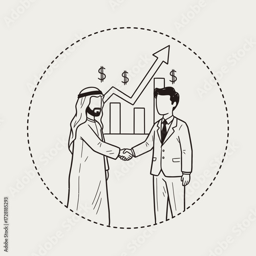 Two businessmen shaking hands, with financial growth represented by a chart.