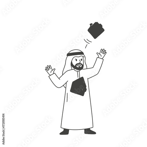 An illustrated man in traditional attire juggles a house, expressing surprise.