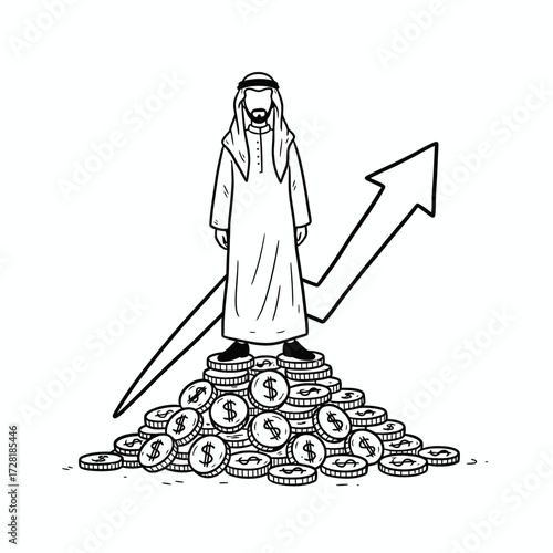 An Arab man stands atop a pile of coins with a rising arrow, symbolizing financial success.