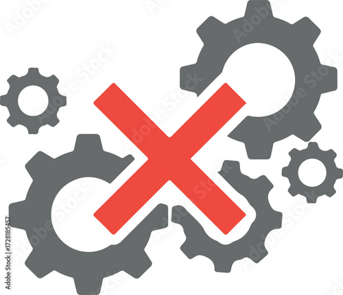 Red X Symbol Over Gears Indicating Malfunction or Failure.