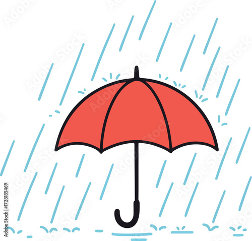 Red umbrella protects from rain drops during a storm in the sky.