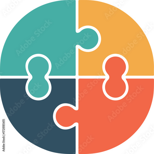 Four piece puzzle illustration representing teamwork and collaboration in business.