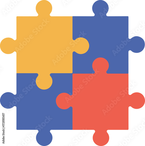 Four puzzle pieces connected together representing teamwork and collaboration.