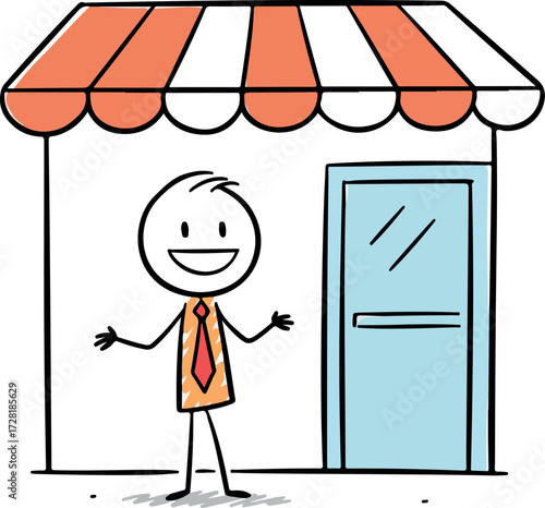 Friendly shopkeeper welcomes customers with open arms at the store entrance.