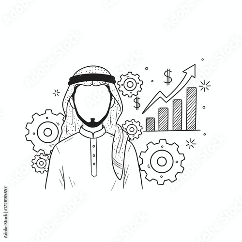 Man in traditional attire with graphs and charts.