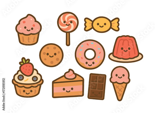 Cute cartoon sweets: donuts, cupcakes, and candy with smiling faces