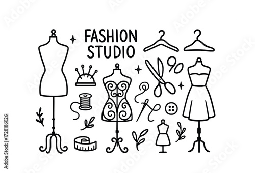 Fashion studio elements: mannequins, sewing tools, and design icons