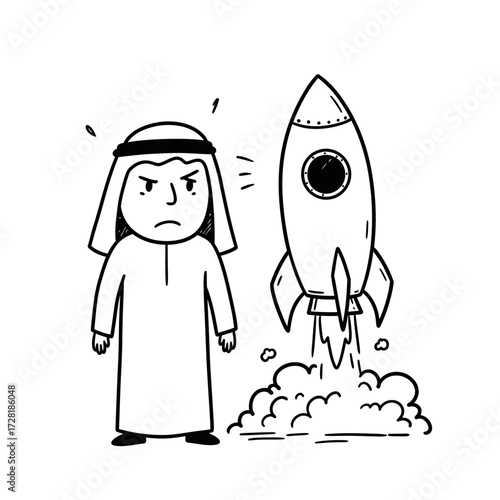 Man in traditional Arabic clothing looking worried as a rocket launches.