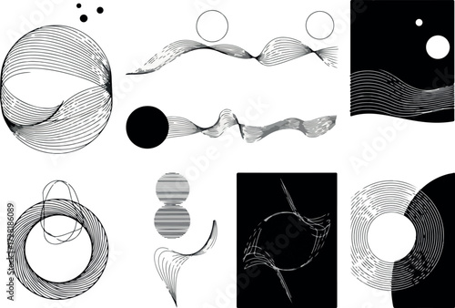 Geometric abstract art with lines and circles in monochrome style.