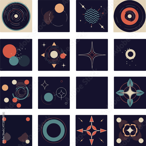 Geometric abstract art with colorful shapes and dark background.