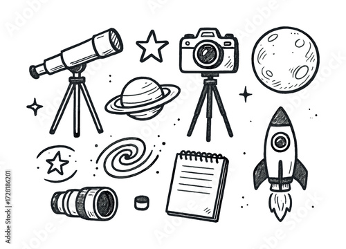 Astronomy and space exploration doodles with telescope, rocket, and camera
