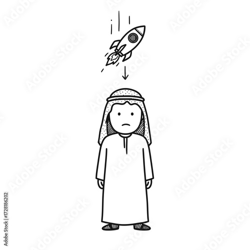A cartoon illustration of a person in traditional attire with a rocket falling towards them.